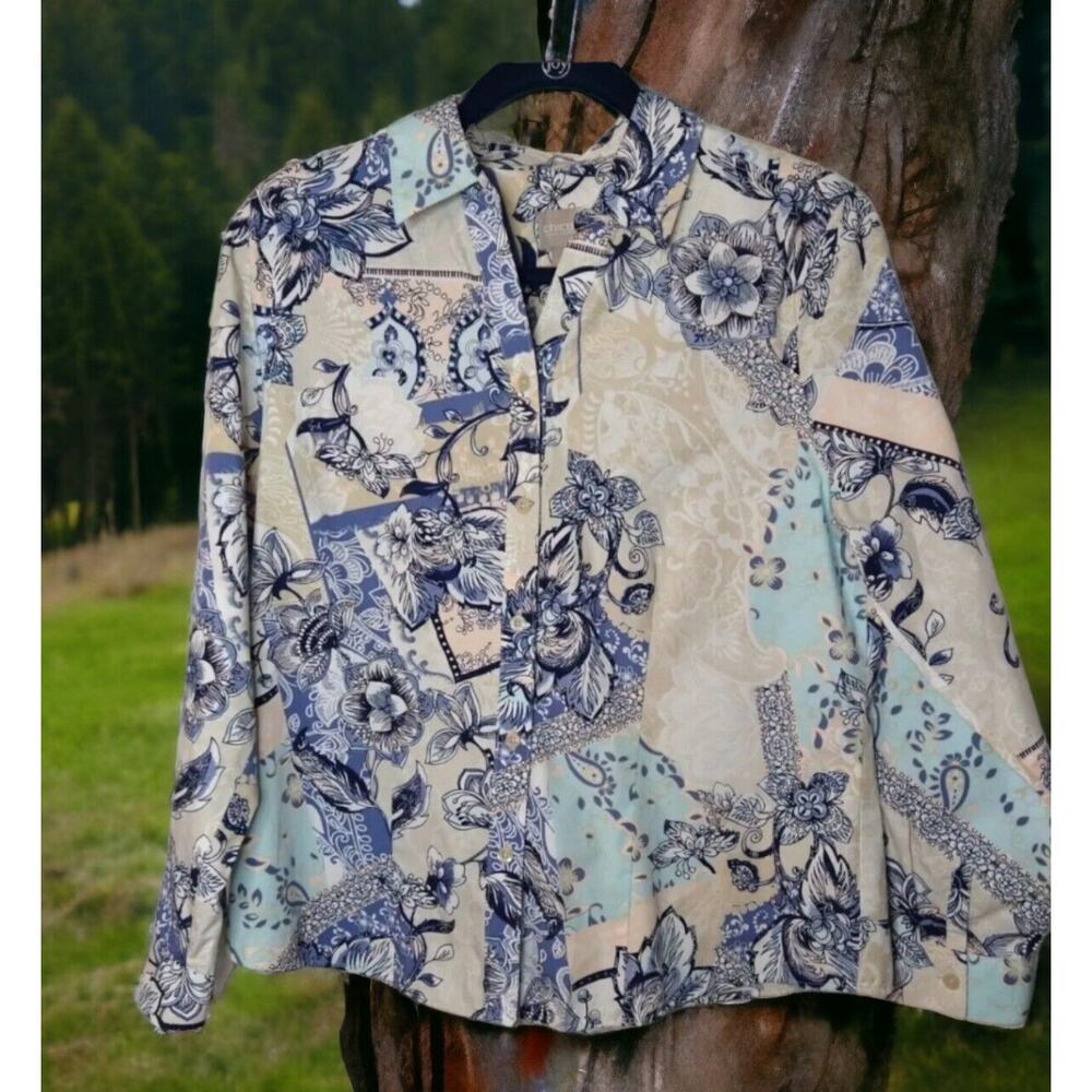 Chico’s Size 1 (S) Blue Gray Floral Cotton Button Front Long Sleeve Blouse